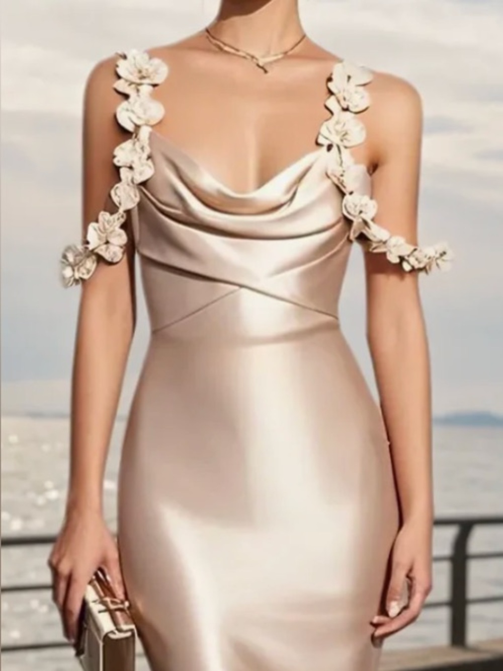 Floral-strap Satin Midi Dress in Champagne